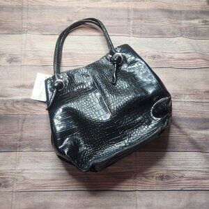 5/$15 Mondani New York Nora Black Patent Crocodile Snakeskin Tote Purse Bag